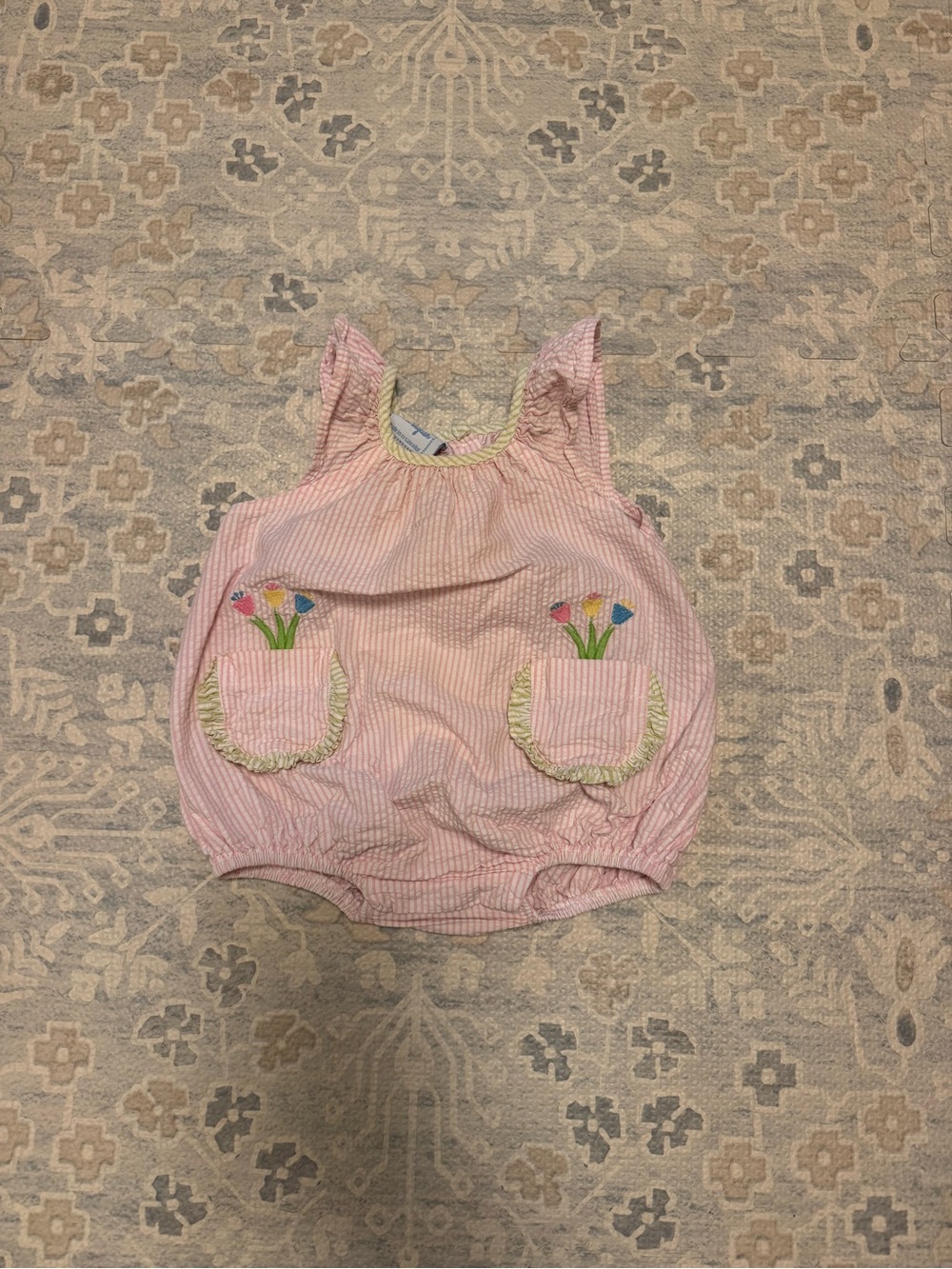 Little English Pink Striped Bubble Romper with Floral Pocket Appliqués